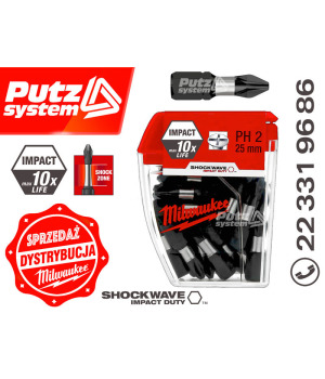 MILWAUKEE 25 szt BITÓW UDAROWYCH PH 2 25 mm SHOCKWAVE