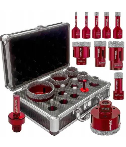 Shark Zestaw 10szt koronek diamentowych M14 do gresu w walizce + Adapter Shark